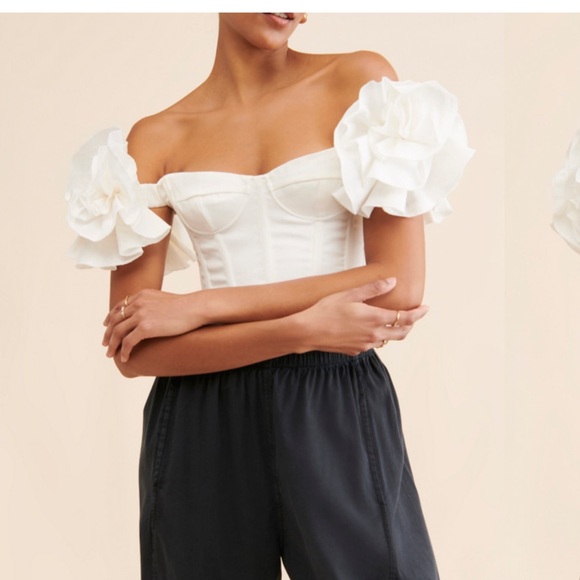 Bardot Tops - Bardot White Off-Shoulder Top with Floral Sleeves